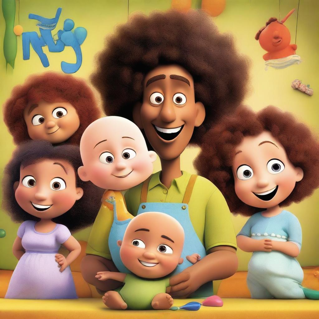 A Pixar movie poster featuring two young Latin guys, one bald with a long nose and the other with an afro haircut, surrounded by many pregnant women and babies