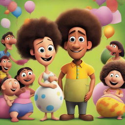 A Pixar movie poster featuring two young Latin guys, one bald with a long nose and the other with an afro haircut, surrounded by many pregnant women and babies