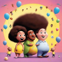 A Pixar movie poster featuring two male friends, Latin guys, one bald with a long nose and the other with an afro haircut, surrounded by many pregnant women and babies