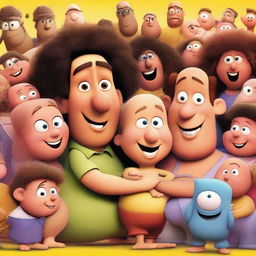 A Pixar movie poster featuring two male friends, Latin guys, one bald with a long nose and the other with an afro haircut, surrounded by many pregnant women and babies