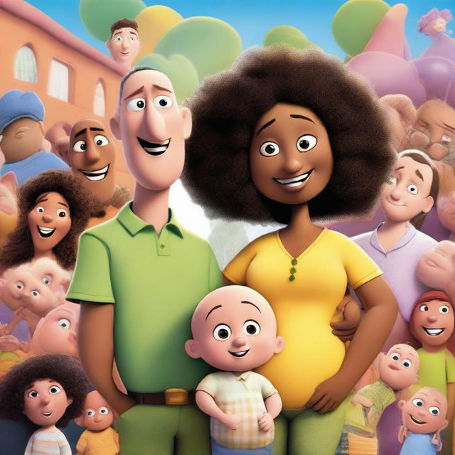 A Pixar movie poster featuring two male friends, Latin guys, one bald with a long nose and the other with an afro haircut, surrounded by many pregnant women and babies