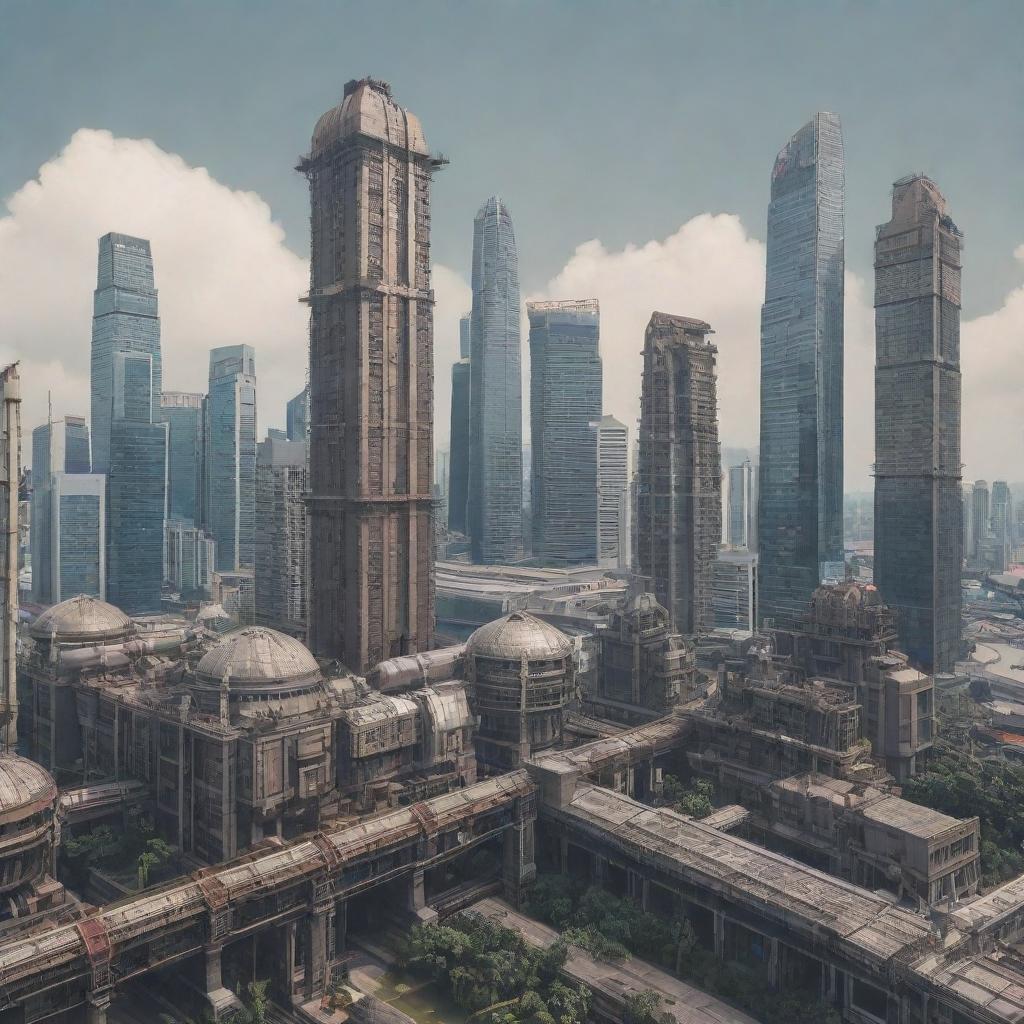 Singapore skyline reimagined in the dieselpunk style, incorporating elements of traditional Singaporean architecture with futuristic, industrial, dieselpunk machinery.