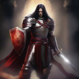 A Shadar-Kai knight with pale white skin and long dark hair, wielding a sword and shield