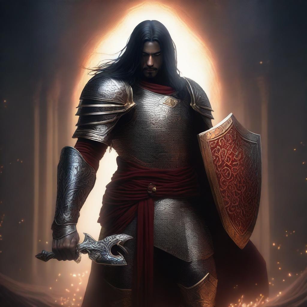 A Shadar-Kai knight with pale white skin and long dark hair, wielding a sword and shield