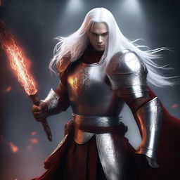 A Shadar-Kai knight with pure white skin and long white hair, wielding a sword and shield