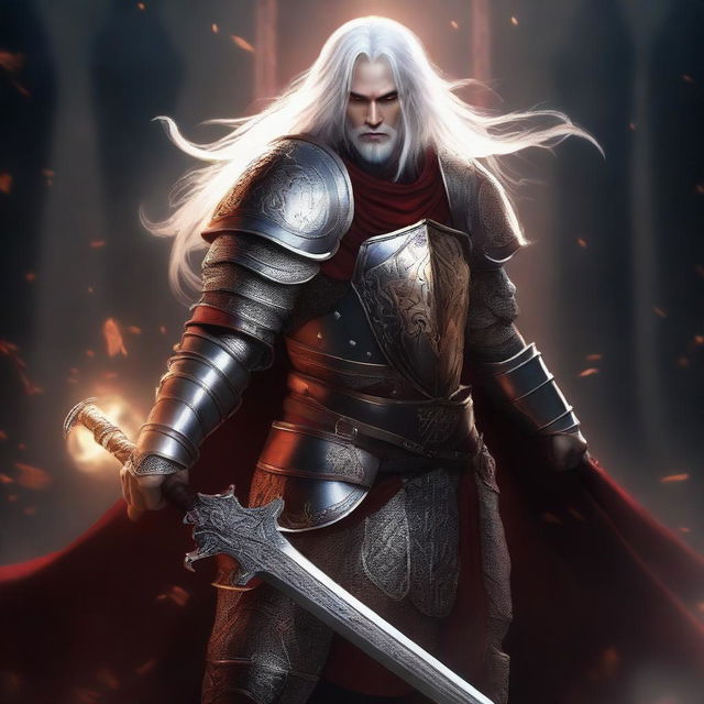 A Shadar-Kai knight with pure white skin and long white hair, wielding a sword and shield