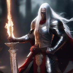 A Shadar-Kai knight with pure white skin and long white hair, wielding a sword and shield