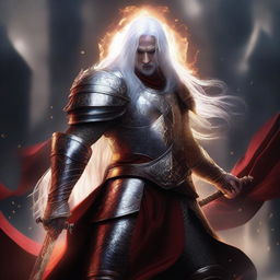 A Shadar-Kai knight with pure white skin and long white hair, wielding a sword and shield