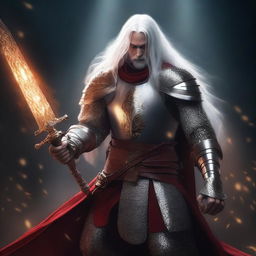 A Shadar-Kai knight with pure white skin and long white hair, wielding a sword and shield