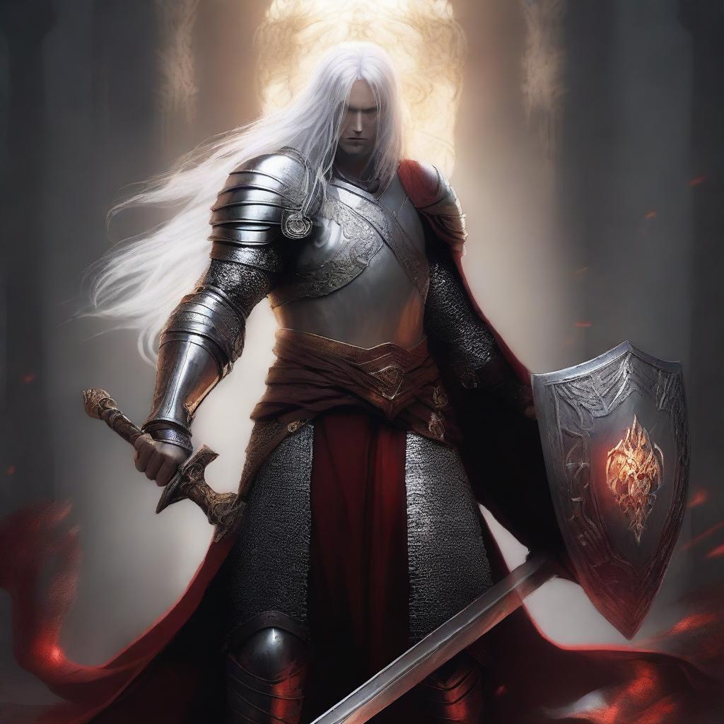 A Shadar-Kai knight with pure white skin and long white hair, wielding a sword and shield