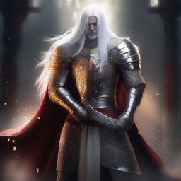 A Shadar-Kai knight with pure white skin and long white hair, wielding a sword and shield