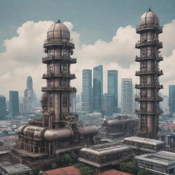 Singapore skyline reimagined in the dieselpunk style, incorporating elements of traditional Singaporean architecture with futuristic, industrial, dieselpunk machinery.