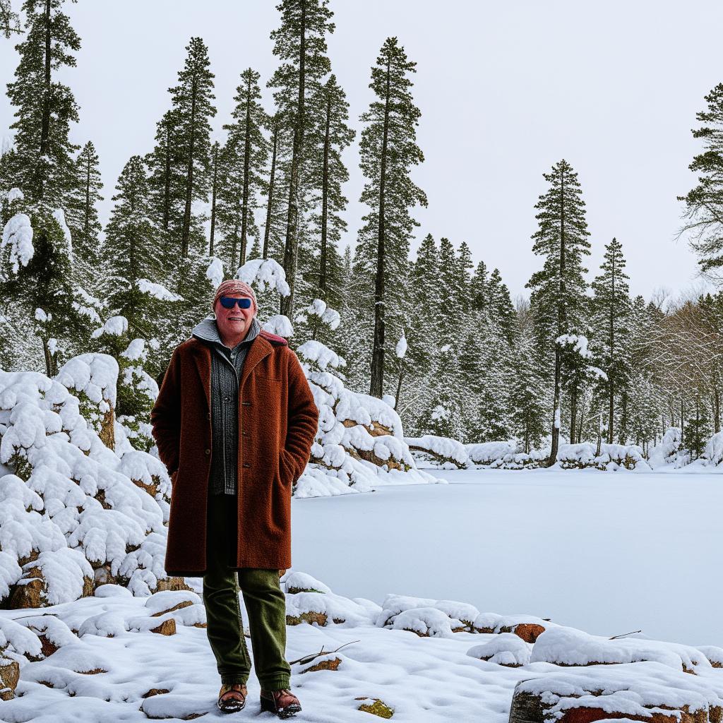 A typical local of Minnesota in warm winter clothing, standing against a backdrop of a picturesque snowy landscape, replete with pine trees and a frozen lake.