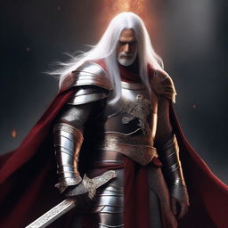 A Shadar-Kai knight with pure white skin and long white hair, wielding a sword and shield