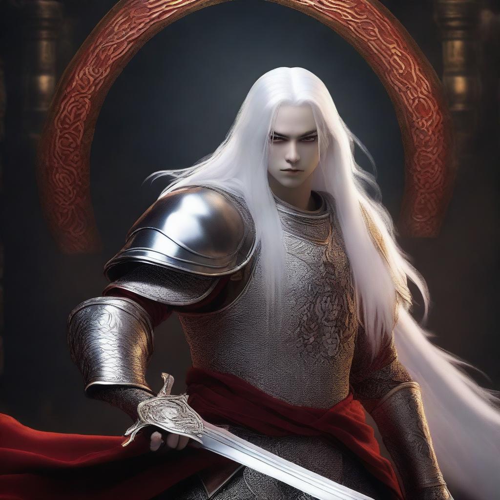 A Shadar-Kai knight with pure white skin and long white hair, wielding a sword and shield