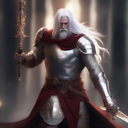 A Shadar-Kai knight with pure white skin and long white hair, wielding a sword and shield