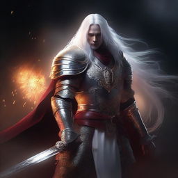 A Shadar-Kai knight with pure white skin and long white hair, wielding a sword and shield