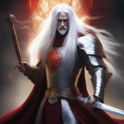 A Shadar-Kai knight with pure white skin and long white hair, wielding a sword and shield