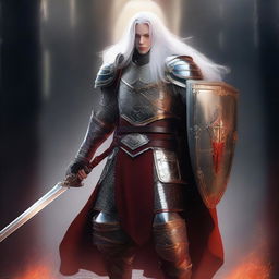 A Shadar-Kai cadet knight with pure white skin and long white hair, wielding a sword and shield