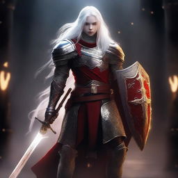 A Shadar-Kai cadet knight with pure white skin and long white hair, wielding a sword and shield