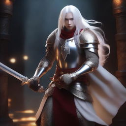 A Shadar-Kai cadet knight with pure white skin and long white hair, wielding a sword and shield