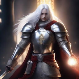 A Shadar-Kai cadet knight with pure white skin and long white hair, wielding a sword and shield