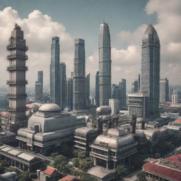 Singapore skyline reimagined in the dieselpunk style, incorporating elements of traditional Singaporean architecture with futuristic, industrial, dieselpunk machinery.