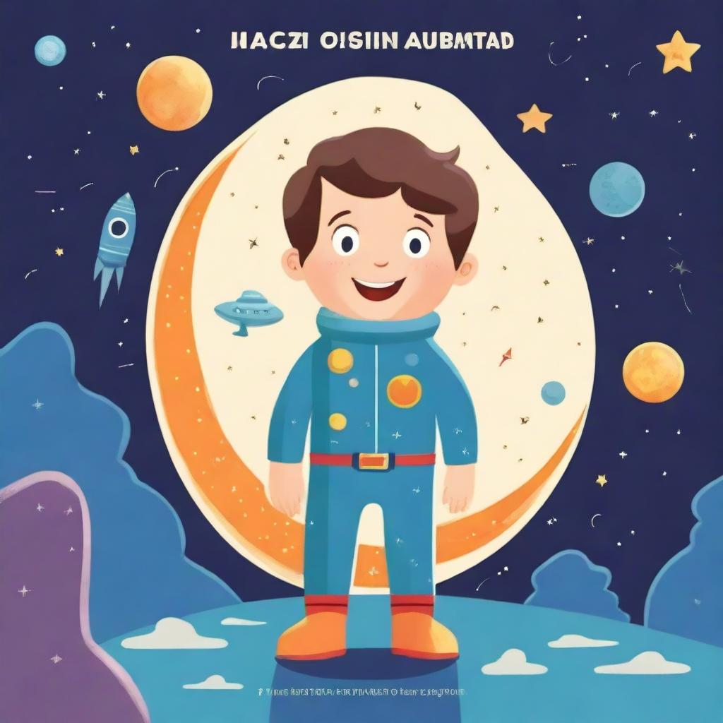 Create a book cover depicting a super happy boy in space standing on the moon, looking for mysterious aliens