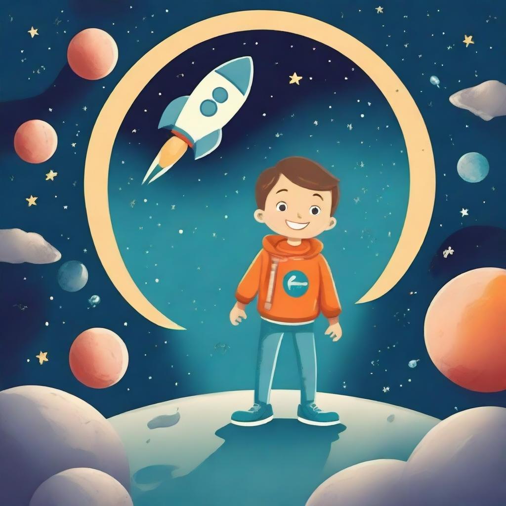 Create a book cover depicting a super happy boy in space standing on the moon, looking for mysterious aliens