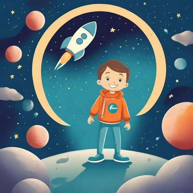 Create a book cover depicting a super happy boy in space standing on the moon, looking for mysterious aliens