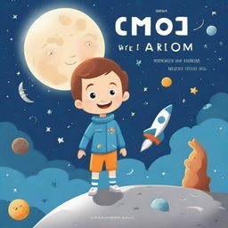 Create a book cover depicting a super happy boy in space standing on the moon, looking for mysterious aliens