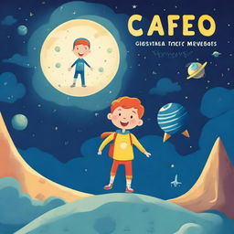 Create a book cover depicting a super happy boy in space standing on the moon, looking for mysterious aliens