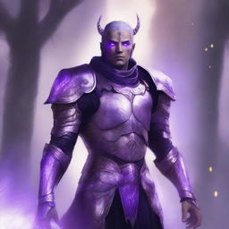 Aasimar male wearing half plate armor, with glowing purple eyes that have no iris