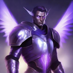 Aasimar male wearing half plate armor, with glowing purple eyes that have no iris