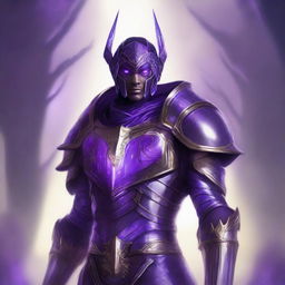 Aasimar male wearing half plate armor, with glowing purple eyes that have no iris