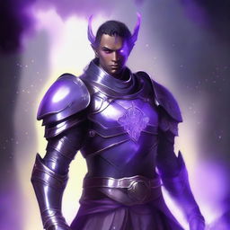 Aasimar male wearing half plate armor, with glowing purple eyes that have no iris