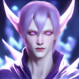 A male character with glowing purple eyes that have no iris, milky white skin, pointed ears, and platinum red hair