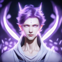 A male character with glowing purple eyes that have no iris, milky white skin, pointed ears, and platinum red hair