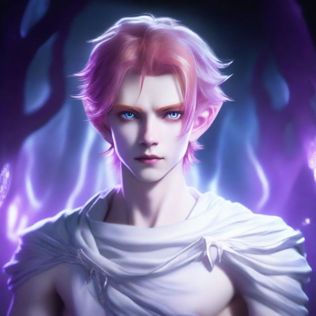 A male character with glowing purple eyes that have no iris, milky white skin, pointed ears, and platinum red hair