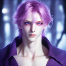 A male character with glowing purple eyes that have no iris, milky white skin, pointed ears, and platinum red hair