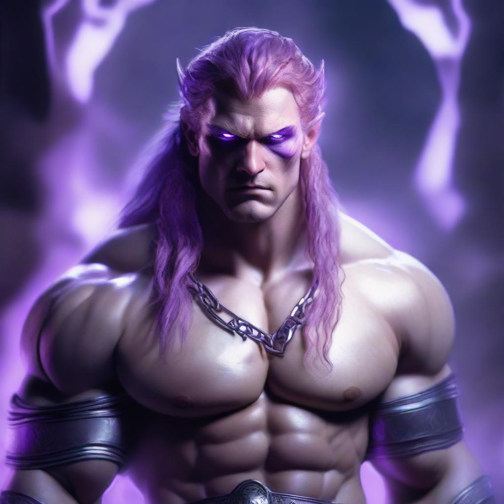 A male barbarian with glowing purple eyes that have no iris, milky white skin, pointed ears, and platinum red hair