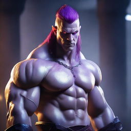 A male barbarian with glowing purple eyes that have no iris, milky white skin, pointed ears, and platinum red hair