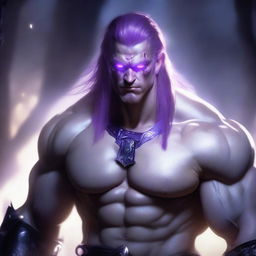 A male barbarian with glowing purple eyes that have no iris, milky white skin, pointed ears, and platinum red hair