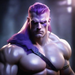 A male barbarian with glowing purple eyes that have no iris, milky white skin, pointed ears, and platinum red hair