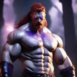 A male barbarian with glowing purple eyes that have no iris, milky white skin, pointed ears, and fiery red hair