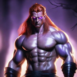 A male barbarian with glowing purple eyes that have no iris, milky white skin, pointed ears, and fiery red hair