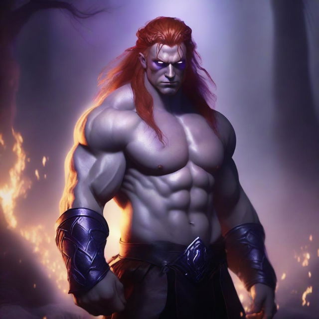 A male barbarian with glowing purple eyes that have no iris, milky white skin, pointed ears, and fiery red hair