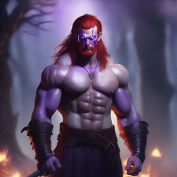 A male barbarian with glowing purple eyes that have no iris, milky white skin, pointed ears, and fiery red hair