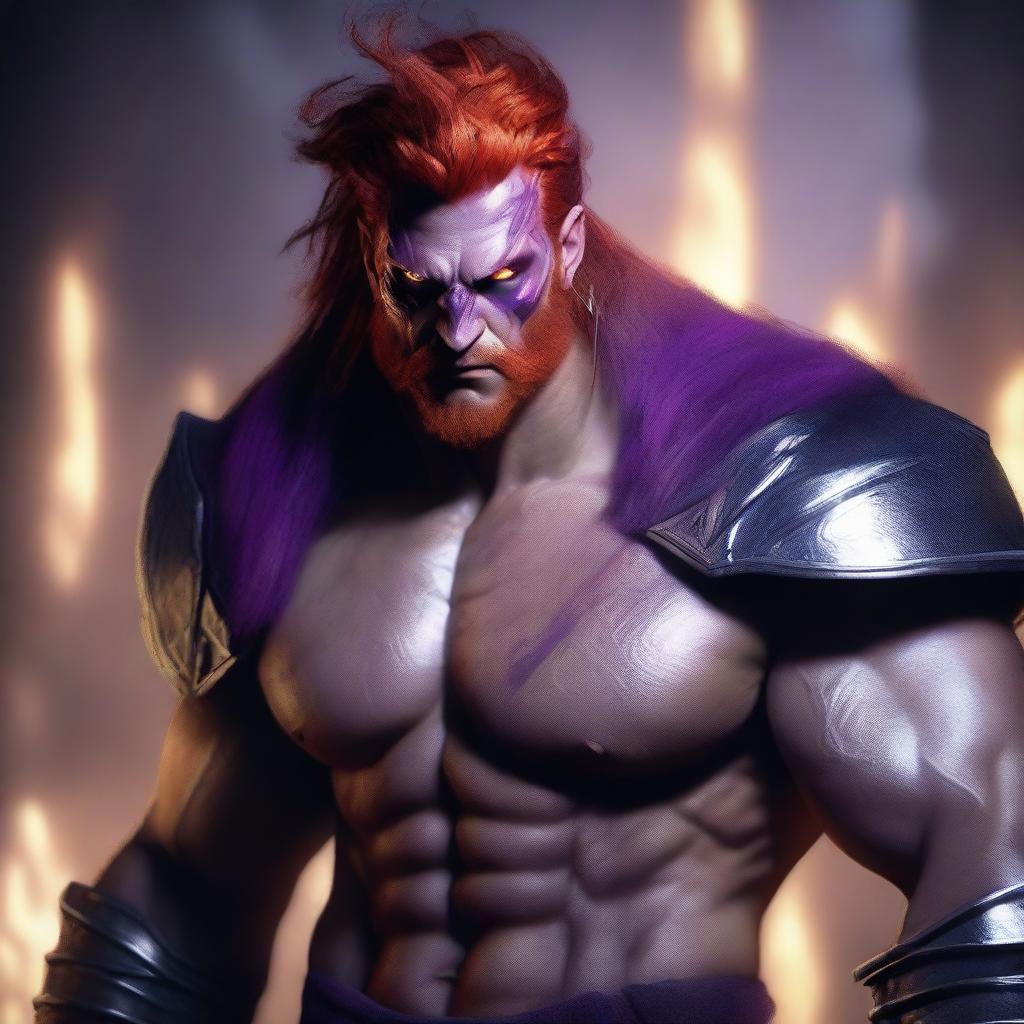 A male barbarian with glowing purple eyes that have no iris, silver skin, pointed ears, and fiery red hair