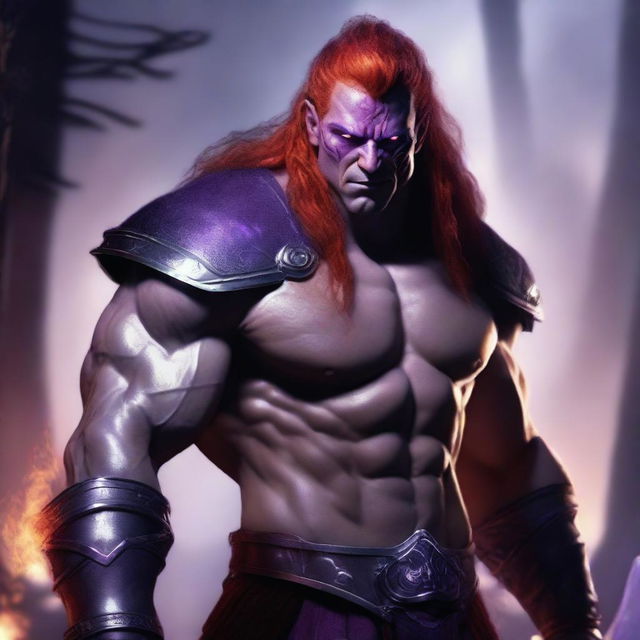 A male barbarian with glowing purple eyes that have no iris, silver skin, pointed ears, and fiery red hair